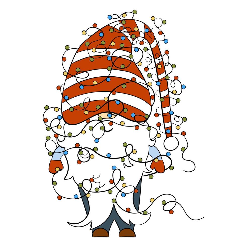 Cartoon Christmas gnome with Christmas lights. Vector illustration.