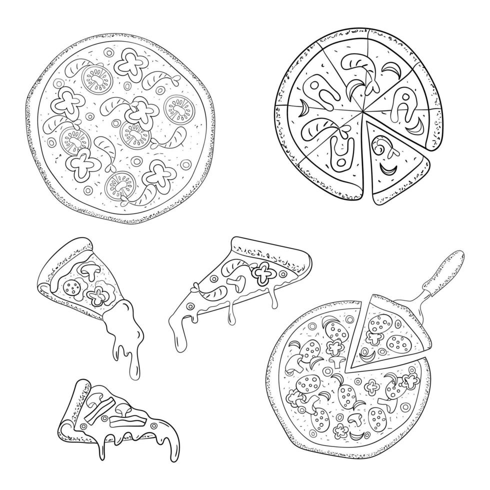 pizza set line art vector illustration.