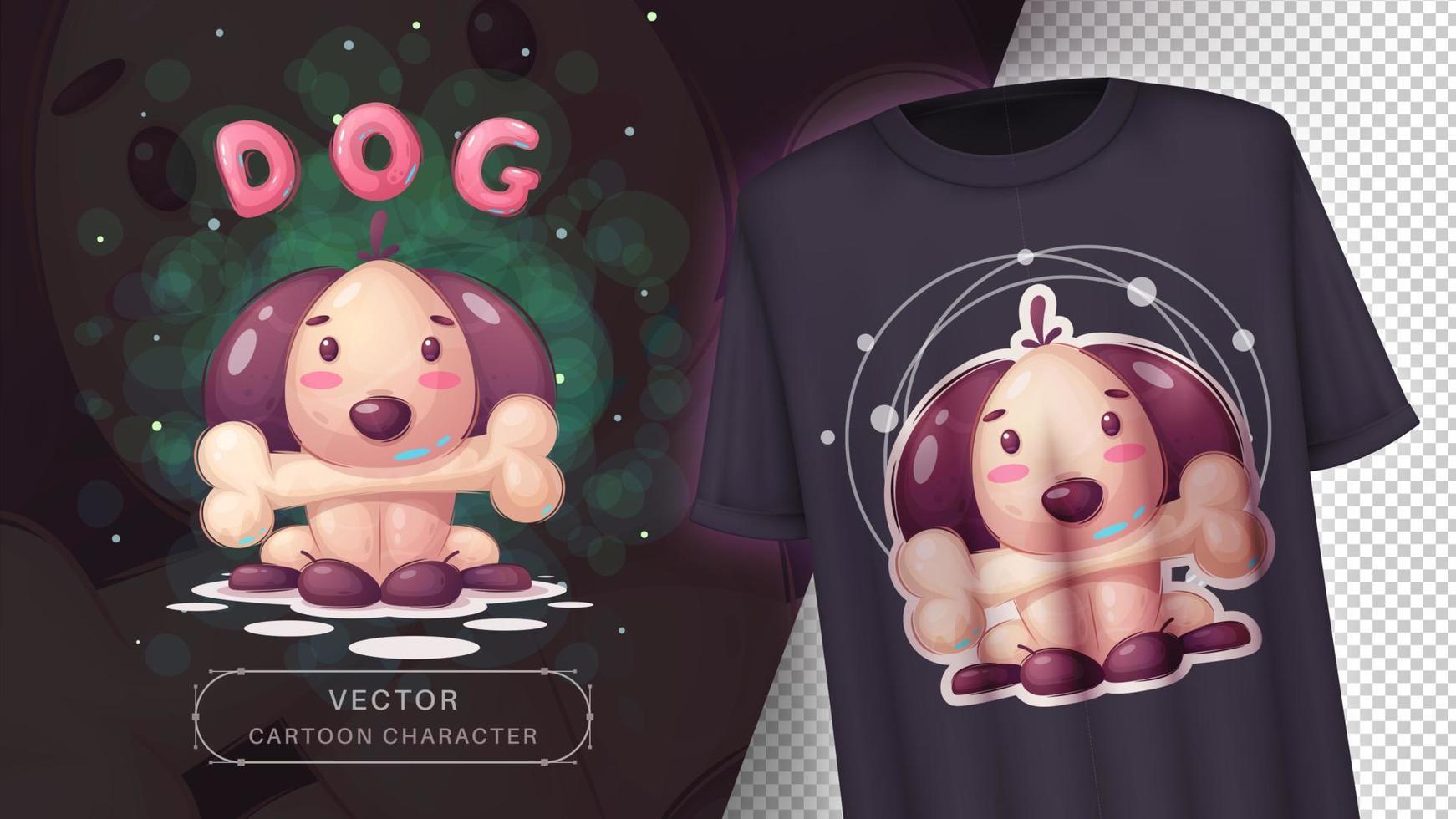 personaje de dibujos animados perro adorable con hueso, bonita idea animal para camiseta impresa, afiche y sobre para niños, postal. lindo cachorro de estilo dibujado a mano vector