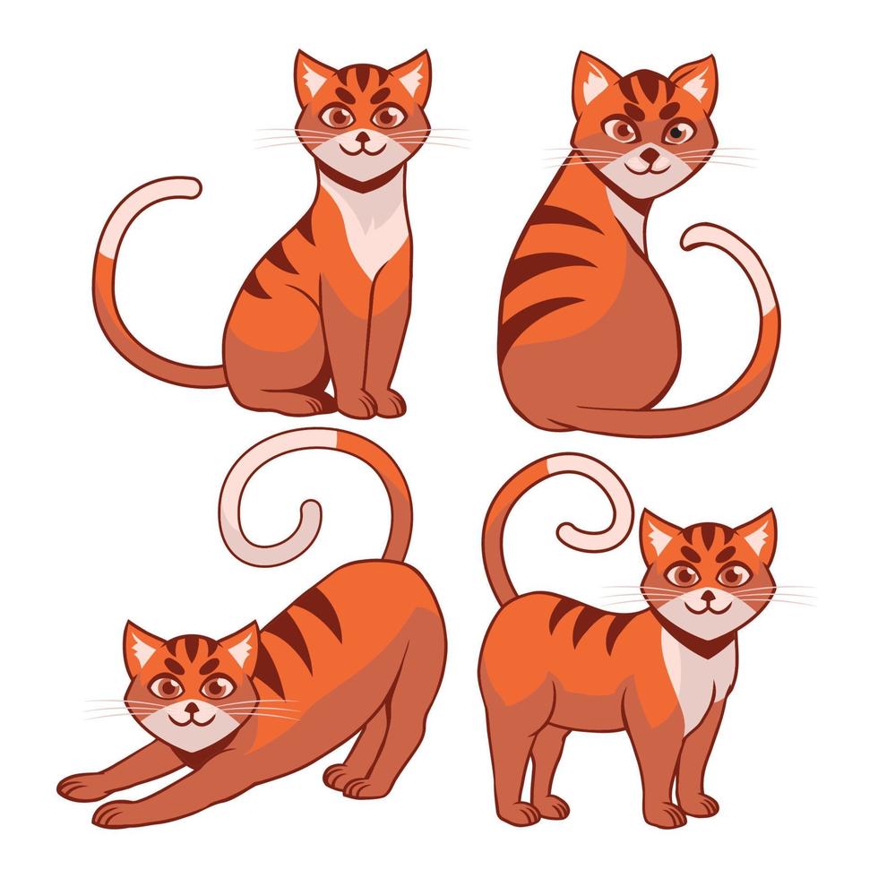 divertido gato naranja de dibujos animados con 4 poses diferentes vector