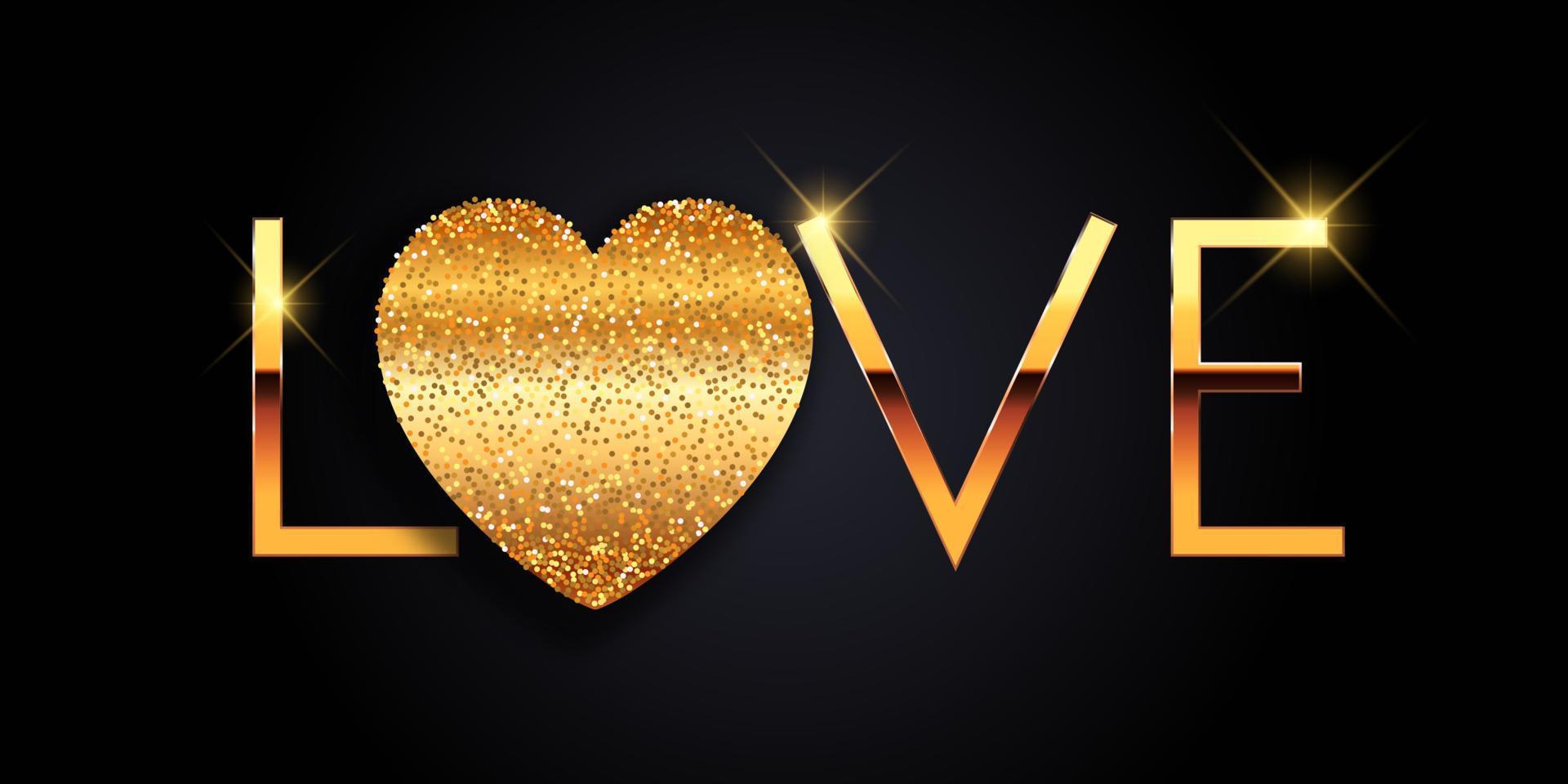 banner del día de san valentín con corazón de oro metálico y la palabra amor vector