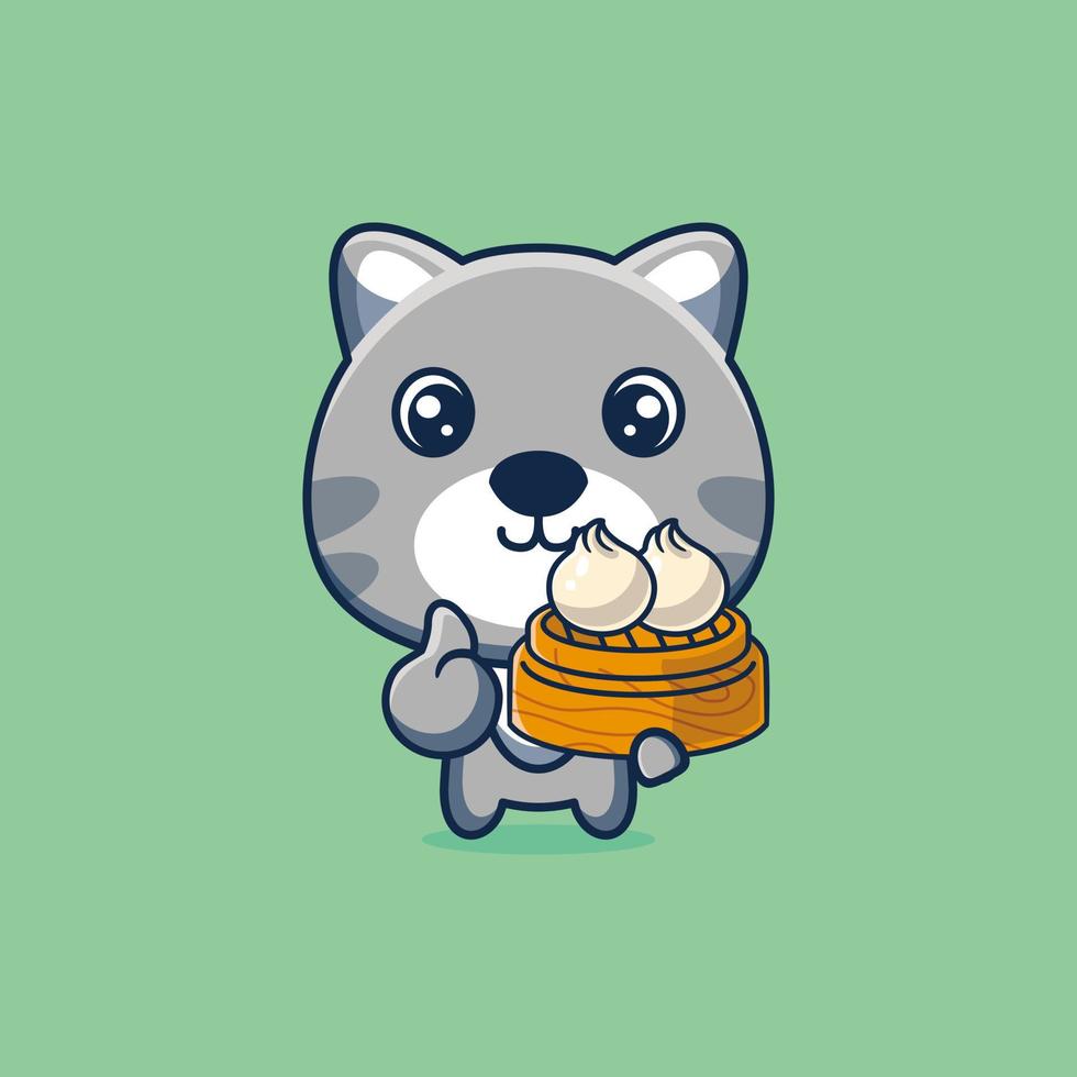 Illustration of cute cat cartoon mascot is eating dim sum vector