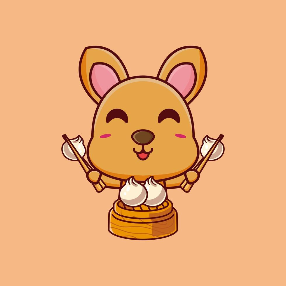 Illustration of cute kangaroo  cartoon mascot is eating dim sum vector