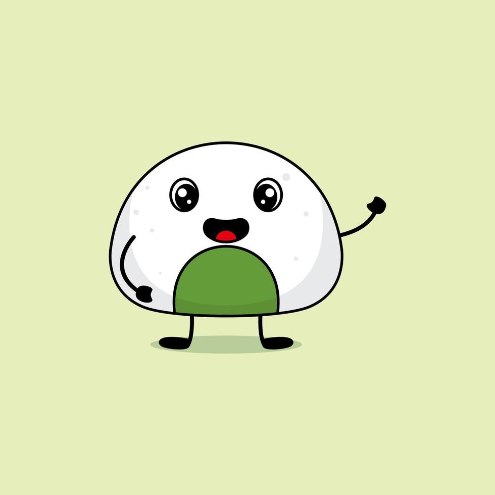 lindo onigiri personaje de dibujos animados agitar las manos vector