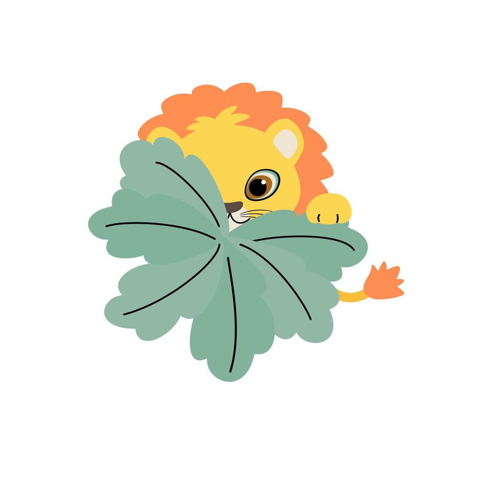 Cute lion baby looks out from behind a bush. Vector illustration of wild animal in childish cartoon flat style.