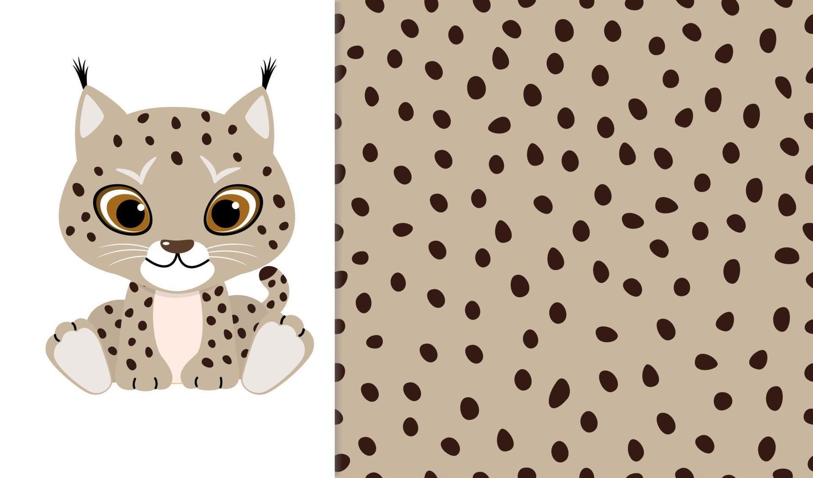 Cute lynx and skin seamless pattern background. Vector illustration with wild animal in childish cartoon flat style.