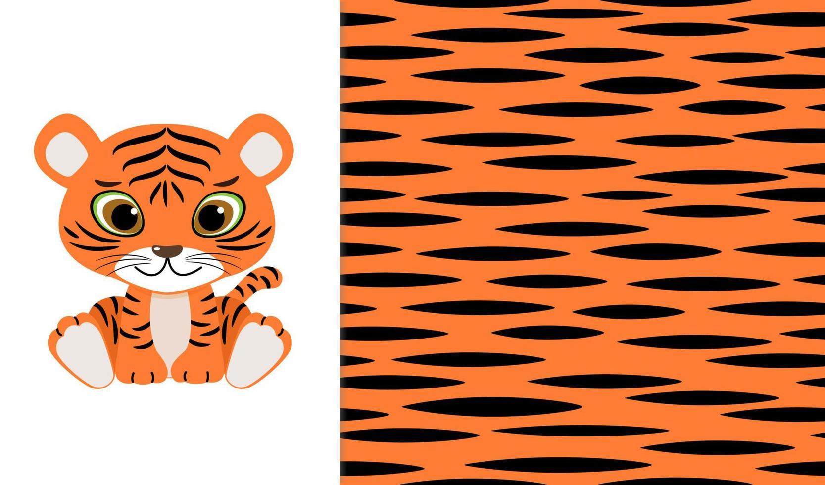 Cute tiger baby and tiger skin seamless pattern background. Vector illustration of wild animal in childish cartoon flat style.