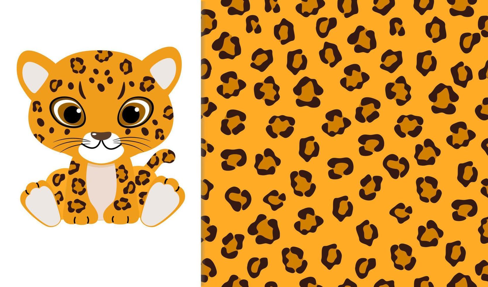 Lindo bebé leopardo y piel de leopardo sin fisuras de fondo. ilustración vectorial de animales salvajes en estilo plano de dibujos animados infantiles. vector