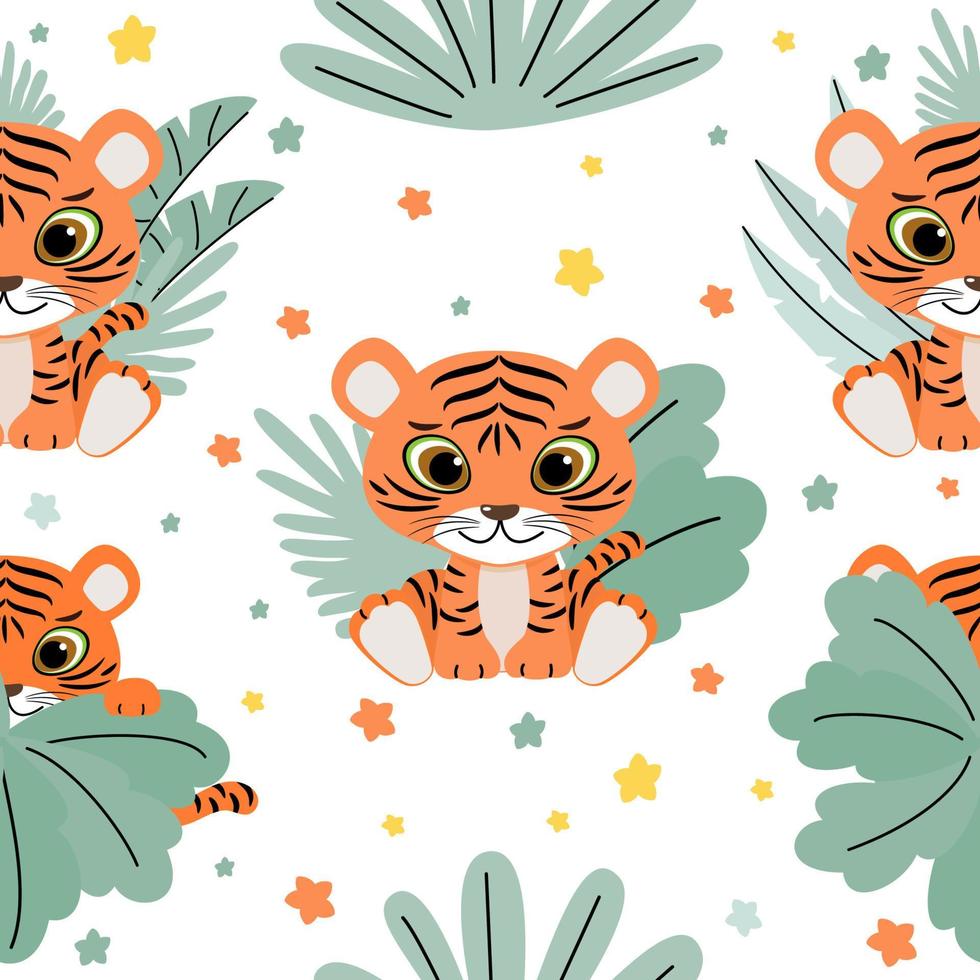 Cute tiger baby seamless pattern background. Vector illustration of wild animal in childish cartoon flat style.
