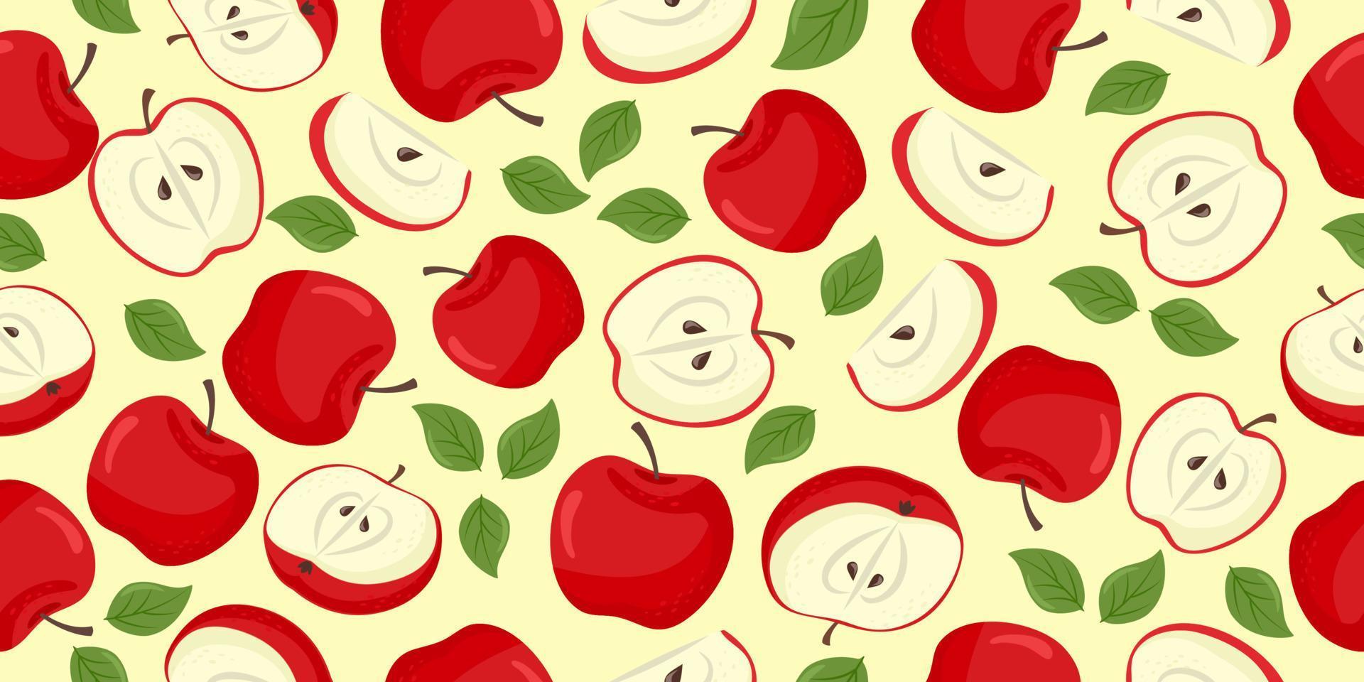 Red apple seamless pattern. Fruit flat repeat background. Vector illustration in cartoon flat style.