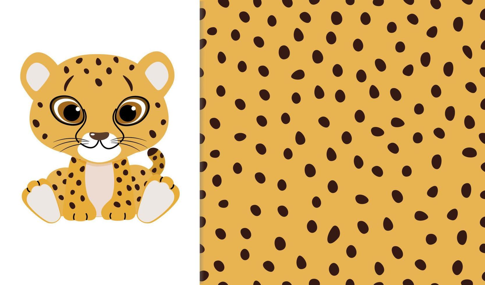 Cute cheetah baby and cheetah skin seamless pattern background. Vector illustration of wild animal in childish cartoon flat style.
