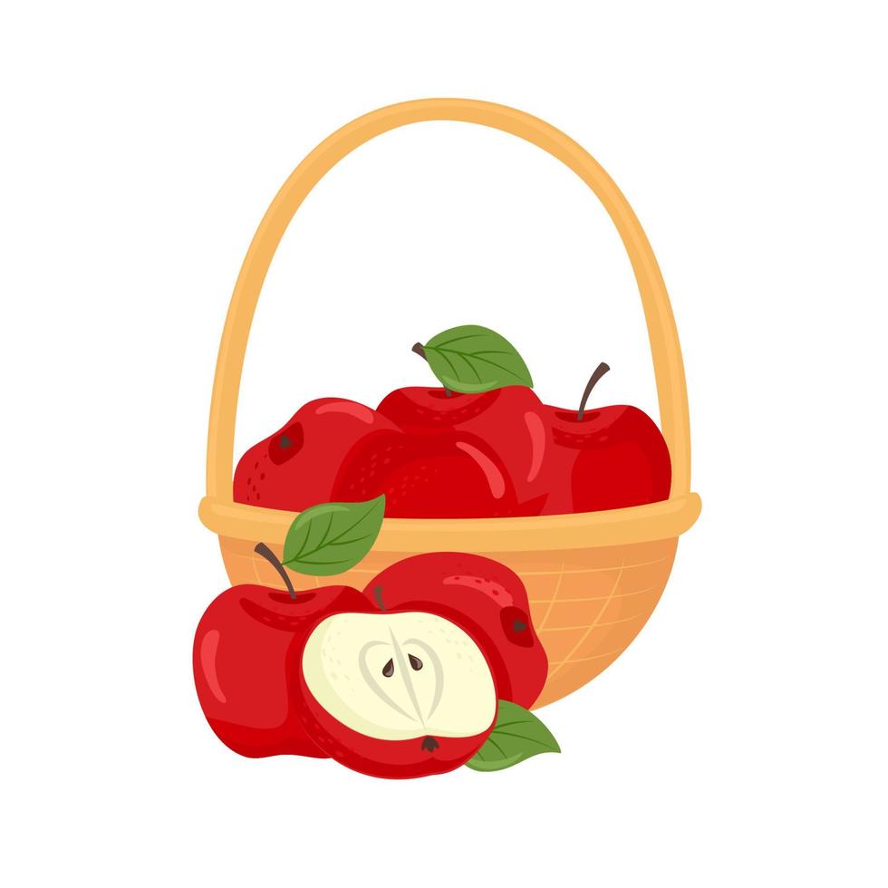 Red apples in basket. Vector illustration in cartoon flat style.