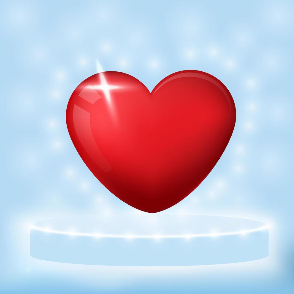 Valentine's day design. Stage podium decorated with heart shape lighting. Pedestal scene with for product, advertising, show, on snowy background. Backdrop of love. Vector illustration.