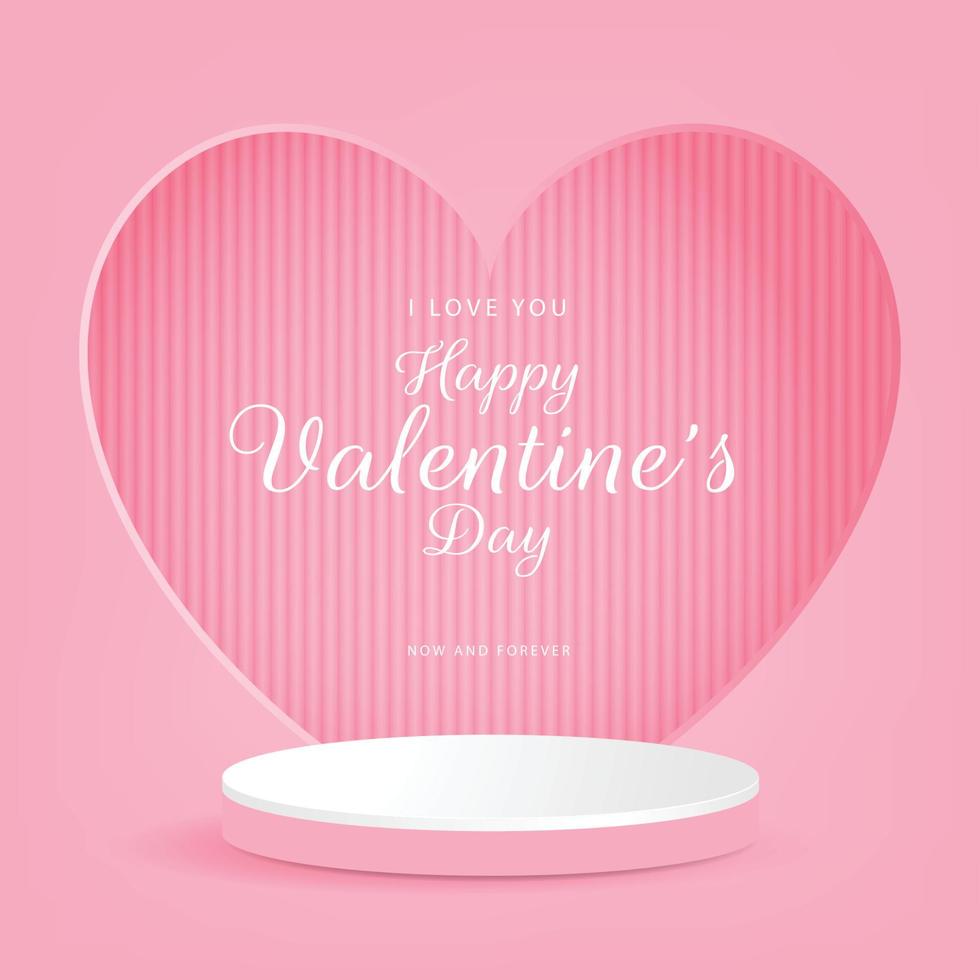 Abstract 3D pink room with pink cylindrical podium with white border or podium with heart window. And the words I love you now and forever. vector