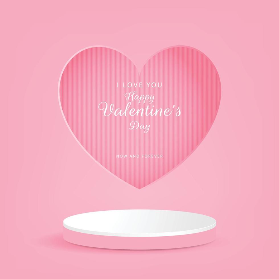 Abstract 3D pink room with pink cylindrical podium with white border or podium with heart window. And the words I love you now and forever. vector