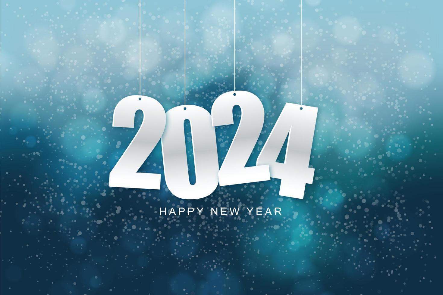 feliz año nuevo 2024. número de papel blanco colgante con confeti sobre un fondo borroso colorido. ilustración para el año nuevo festivo 2024 vector