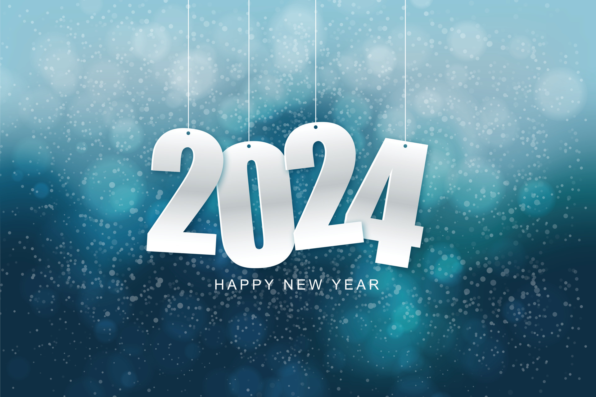 Happy new year 2024. Hanging white paper number with confetti on a colorful  blurry background. Illustration for the festive New Year 2024 17104497  Vector Art at Vecteezy