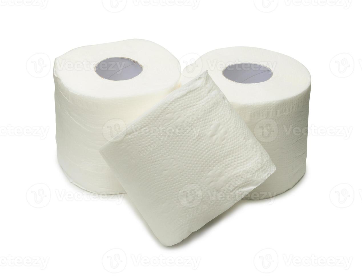 three rolls of white tissue paper or napkin prepared for use in toilet or restroom isolated on white background with clipping path photo