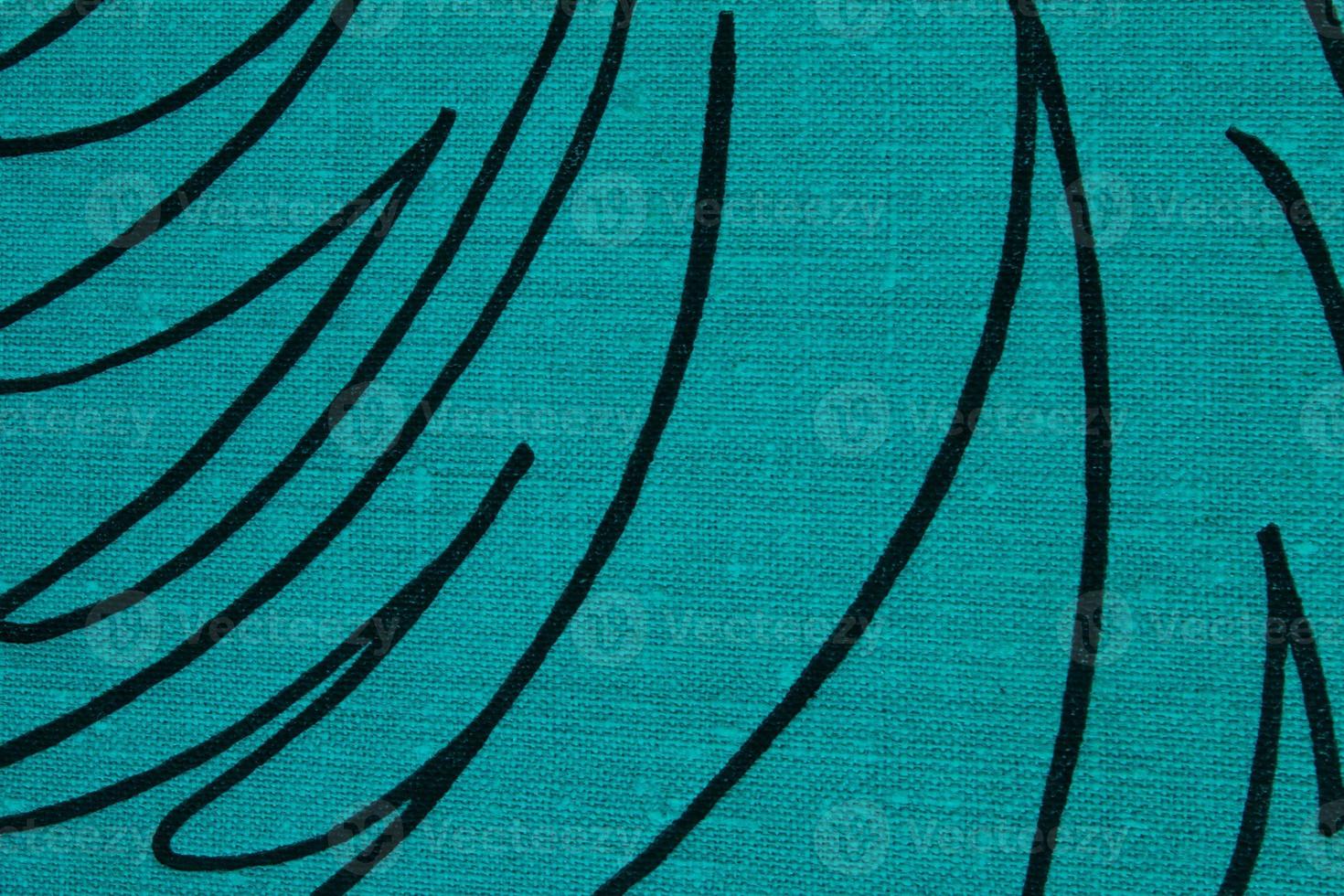 Abstract design background of blue coarse-grained intersection texture of rough fabric with an interlacing black painted lines. Linen sack textile canvas burlap cloth. Close-up, mock up, top view photo