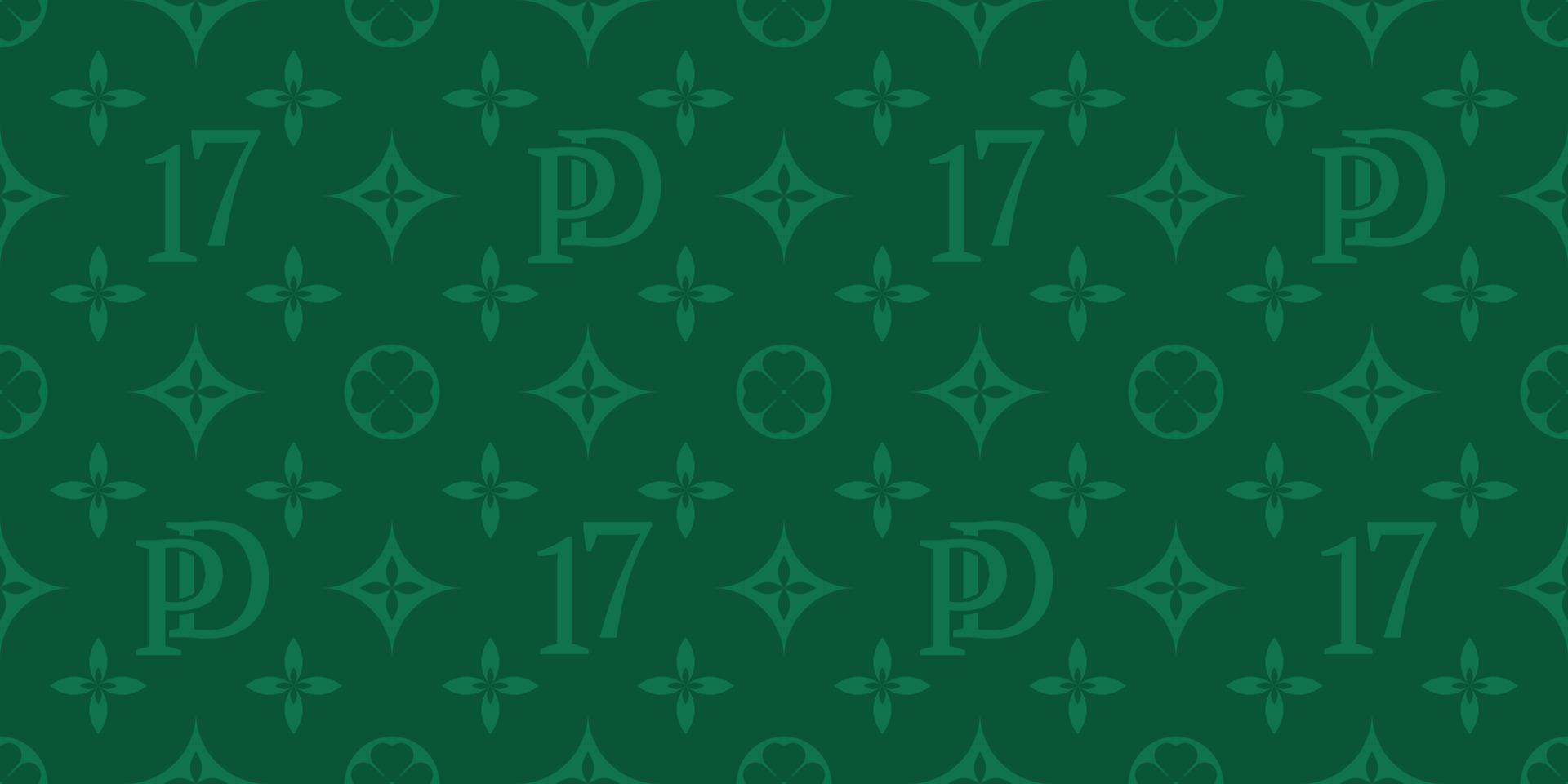 St. Patrick s Day vector seamless pattern, background from green four-leafed numbers 17, abbreviation PD. Vector illustration
