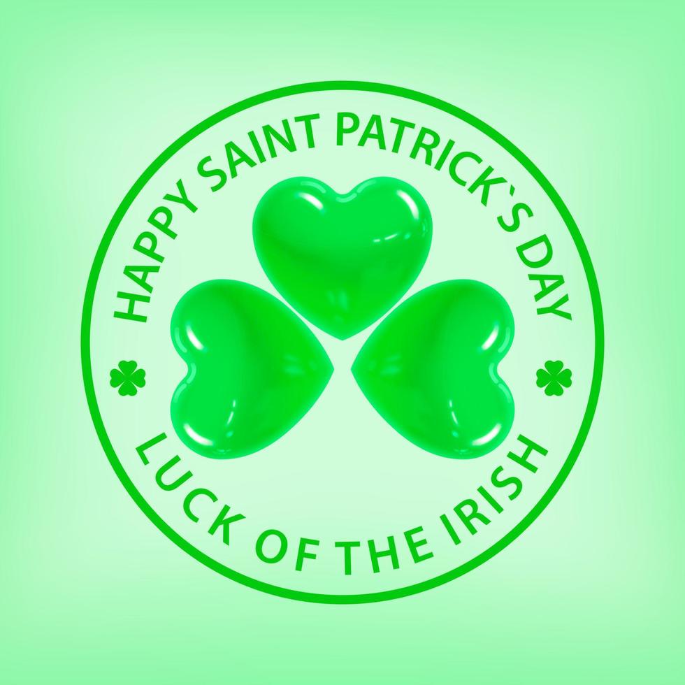 Postcard for the holiday of St. Patrick in the form of a shamrock of green hearts on a light green background. For printing and decoration of holiday invitation cards. Vector illustration.