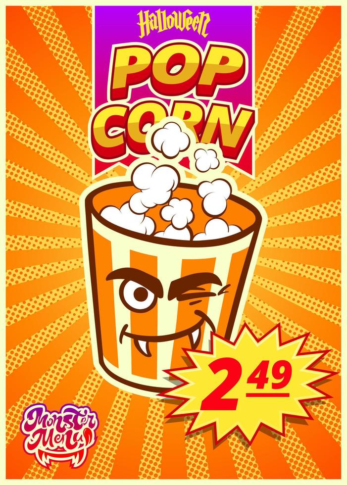 Menú monstruo de palomitas de maíz. una pancarta vertical con una etiqueta de precio para un café de comida rápida el día de halloween. ilustración vectorial vector