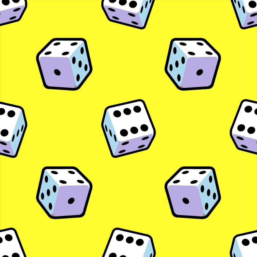 Cartoon pattern of playing dice on a yellow background for printing and design. Vector illustration.