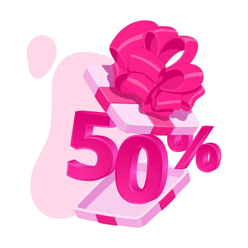 Gift box 50 percent discount concept in realistic style for print and decoration.Vector illustration. vector