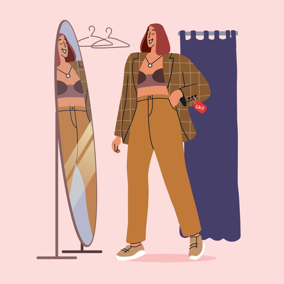 Smiling girl in the fitting room of a clothing store in flat style for print and design.Vector illustration. vector