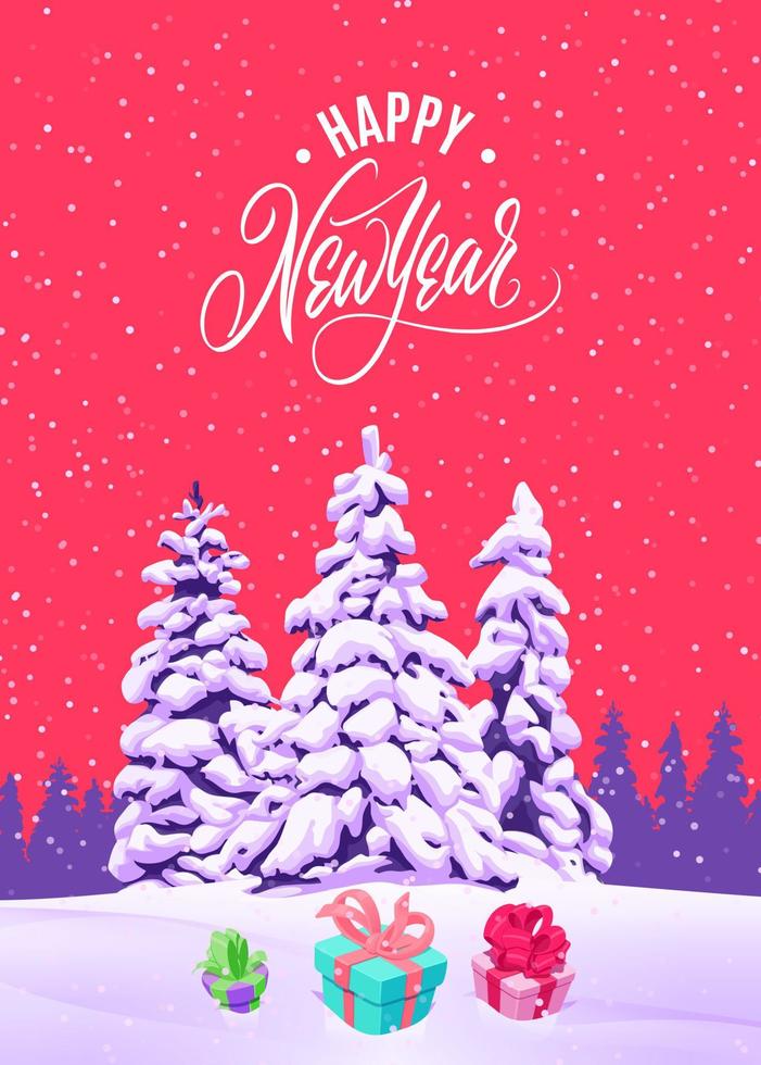 Bright postcard Happy New Year in cartoon style for print and design. Vector illustration.