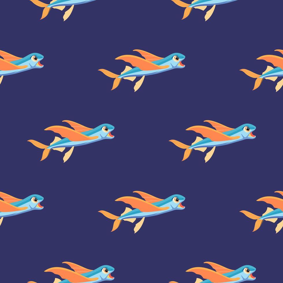 Cartoon pattern of flying fish on a blue background for printing and design.Vector illustration. vector