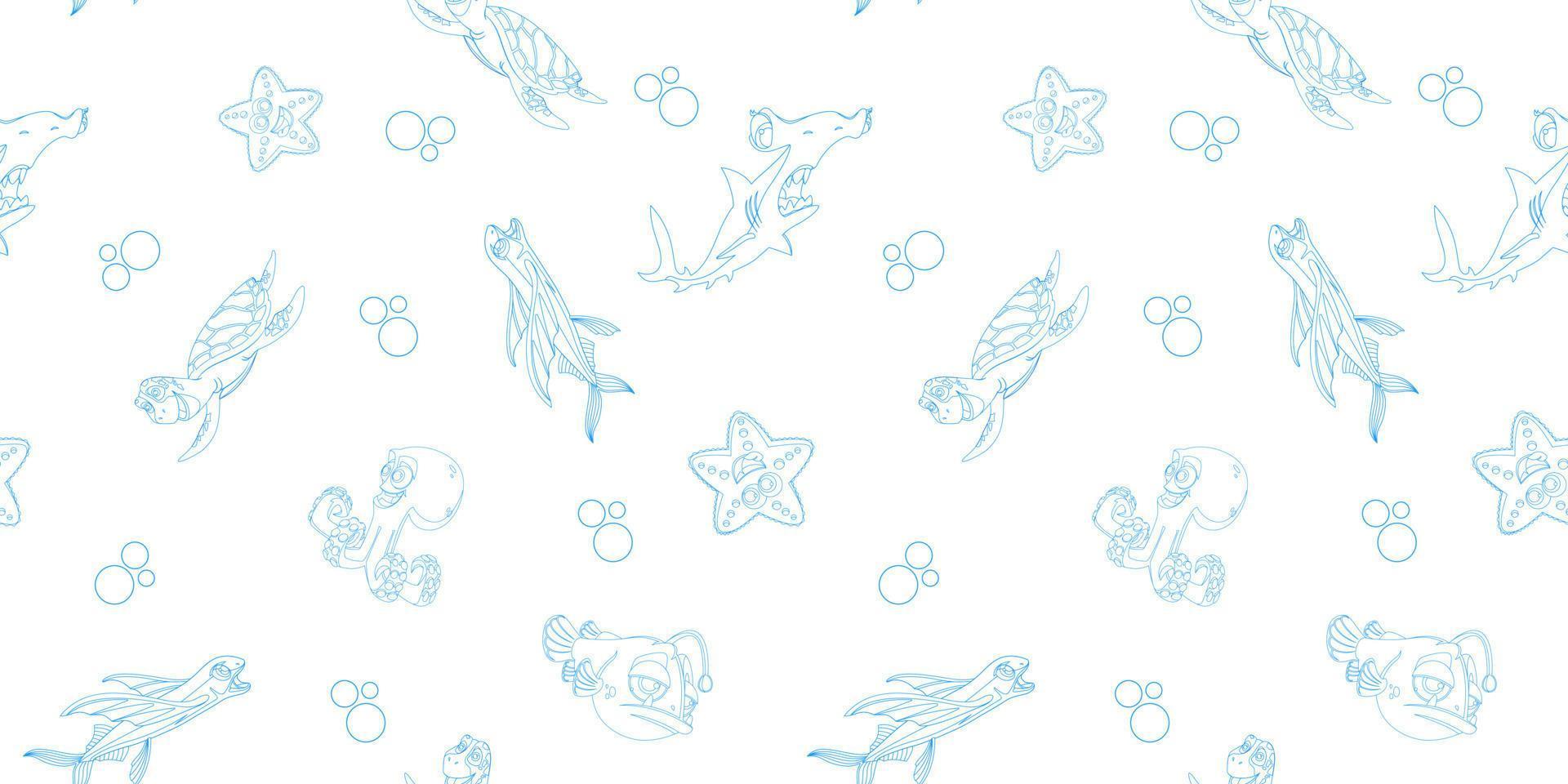 Pattern of doodle cartoon fish and animals on a white background for printing and design.Vector illustration. vector