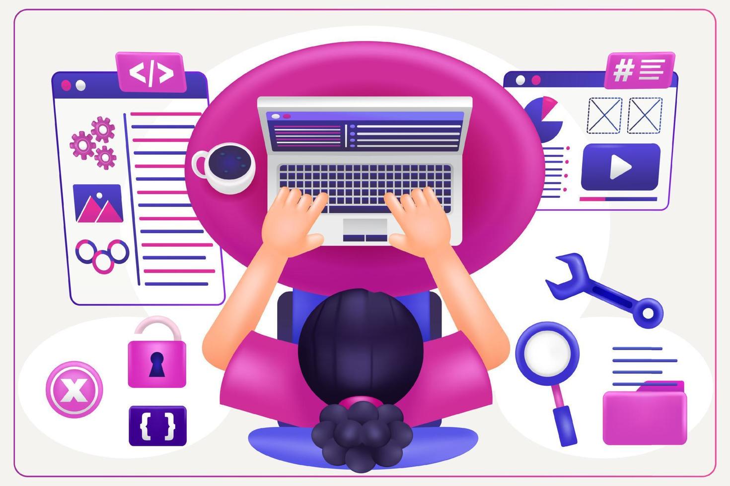 3d illustration of woman doing coding and programming on her laptop ...