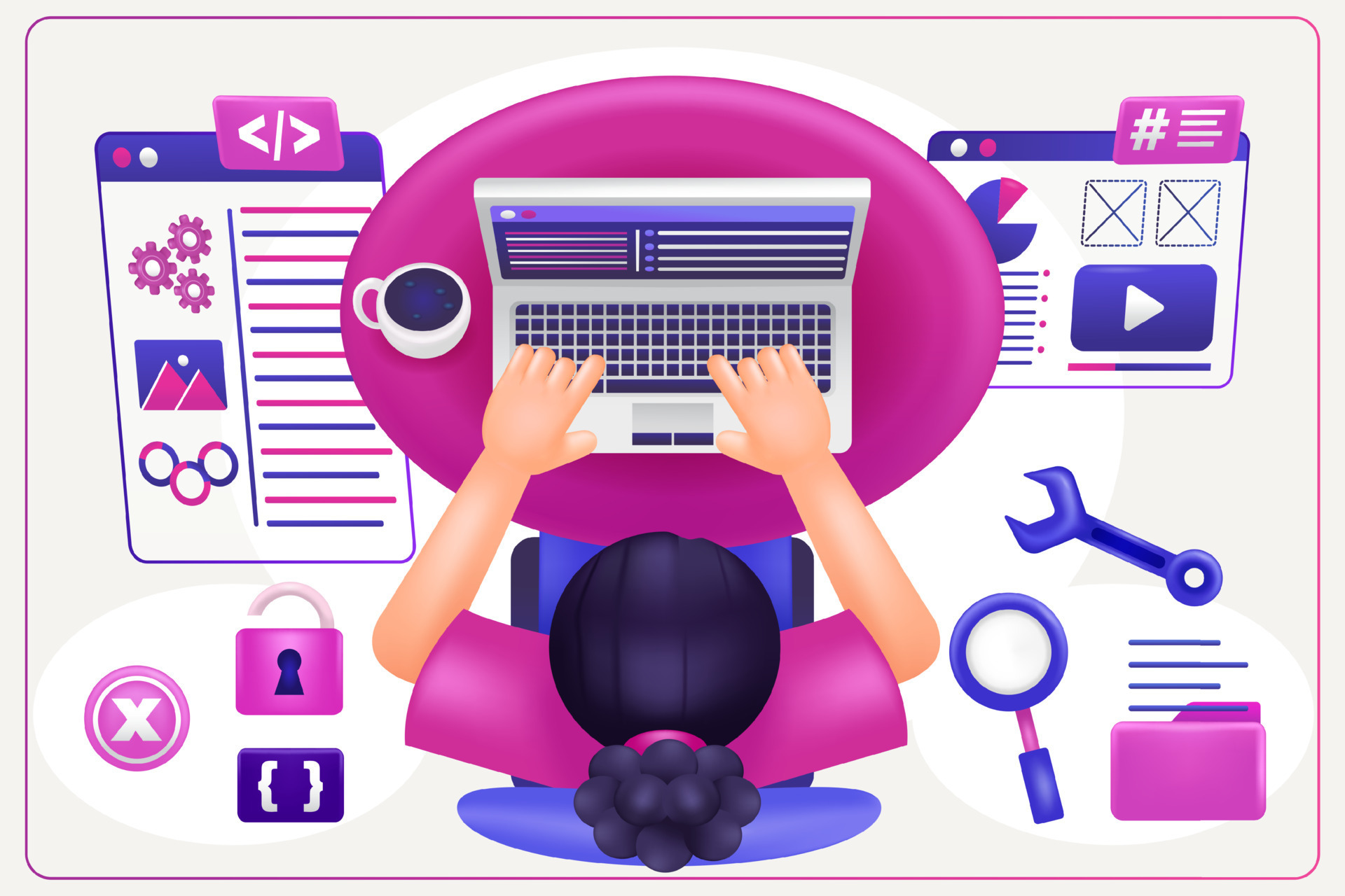 3d illustration of woman doing coding and programming on her laptop