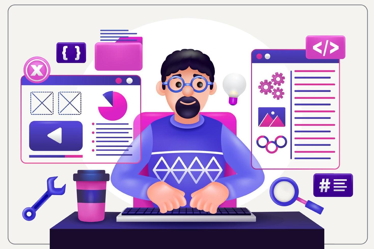 3d illustration of man doing coding and programming on his laptop vector