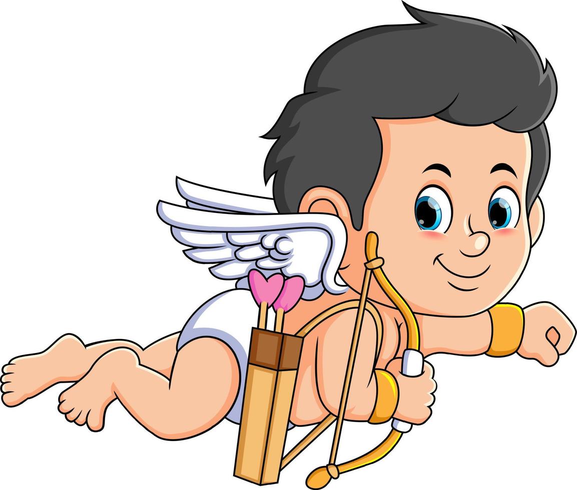 The cupid boy is flying and moving with the love bow vector