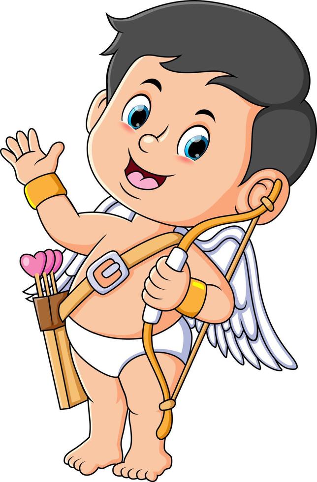 The baby cupid is holding the love arrow and waving the hand vector