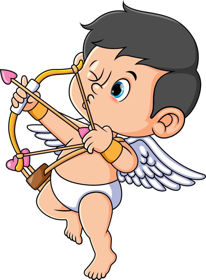 The little cupid boy is aiming to shoot the girl heart vector