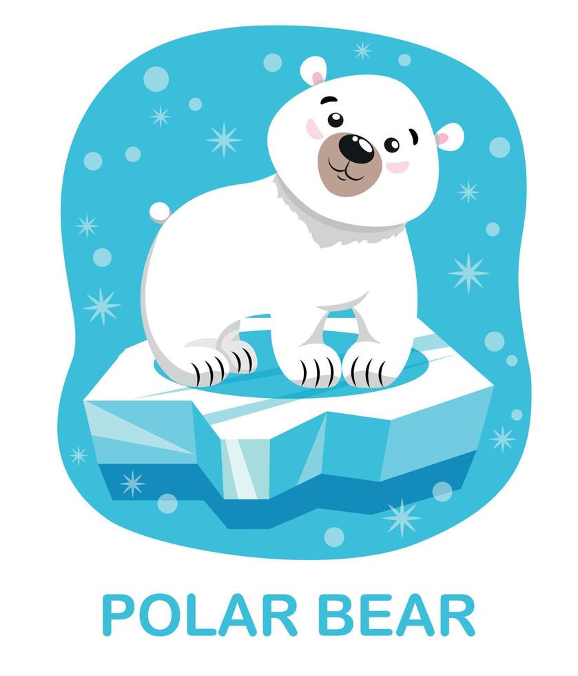 Educational Card With A Picture Of A Polar Bear On An Ice Floe And A Caption. An Image Of A Wild Animal Of The Arctic In A Cartoon Cute Style For Children vector