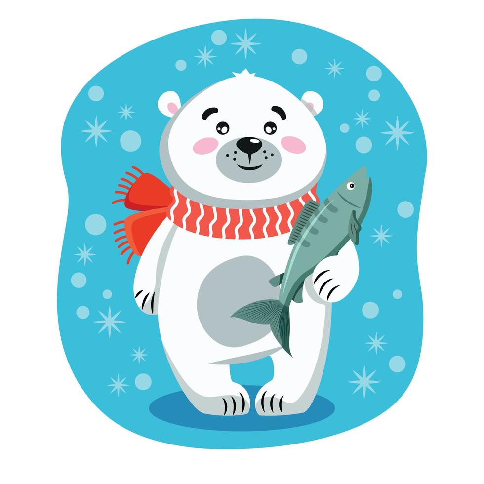 tarjeta educativa con la imagen de un oso polar. una imagen de una bestia salvaje del ártico en un estilo lindo de dibujos animados para niños. animales lindos y dibujados para niños. fondo azul con copos de nieve vector