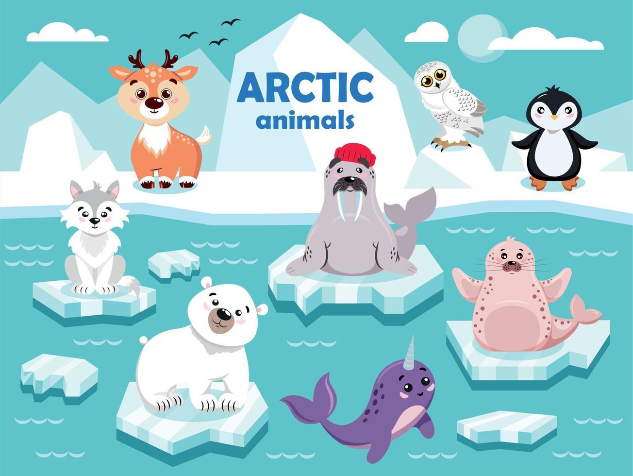 animales del ártico, antártico, polo sur. colección de animales del norte. estilo de dibujos animados para los más pequeños. lindos animales se sientan en un témpano de hielo en el océano. iceberg, agua, océano. vector