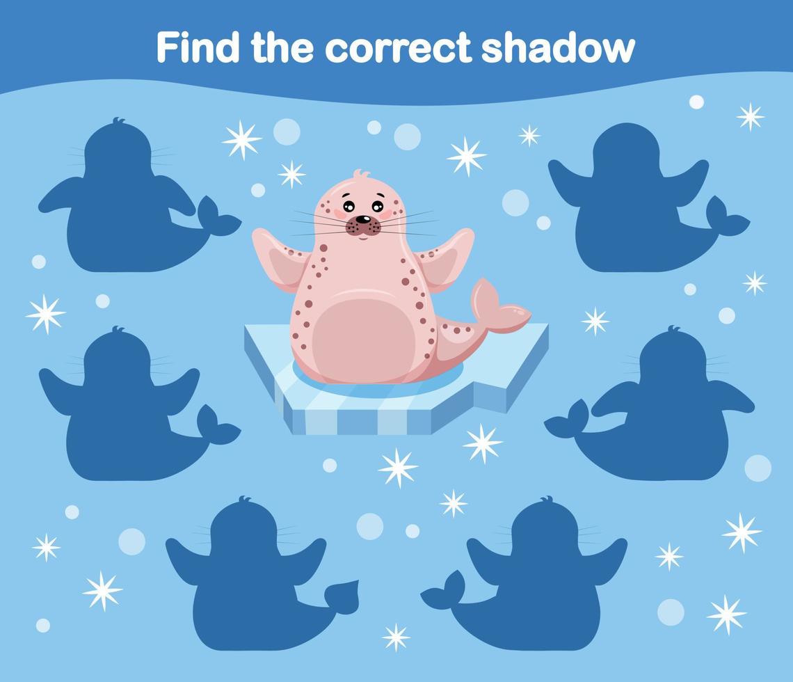 Find Shadow Of A Fur Seal, Seal. Children's Game Learning Arctic Animals Series vector