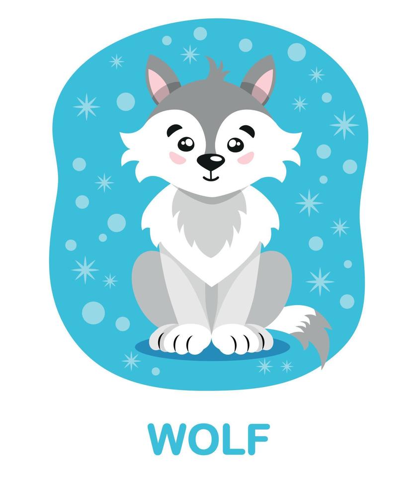 Educational Card With A Wolf, And A Caption On A Blue Background With Snowflakes. An Image Of A Wild Beast Of The Arctic In A Cartoon Cute Style For Children. Drawn, Cute Animals For Kids vector