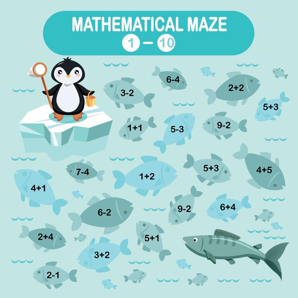 Mathematical Maze. Mini Games For Kids, School, Preparation For School. Winter Collection. Arctic Animals Of The South Pole. The Penguin Is Fishing. Solve Examples, Problems vector