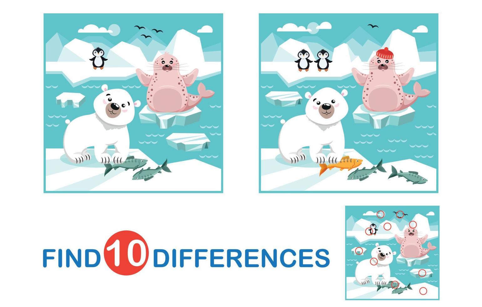 Find Differences. Game For Children. Game For The Development Of Memory And Attention. Winter Collection. Arctic Animals. Polar Bear, Walrus, Penguins In The Antarctic, At The South Pole. vector