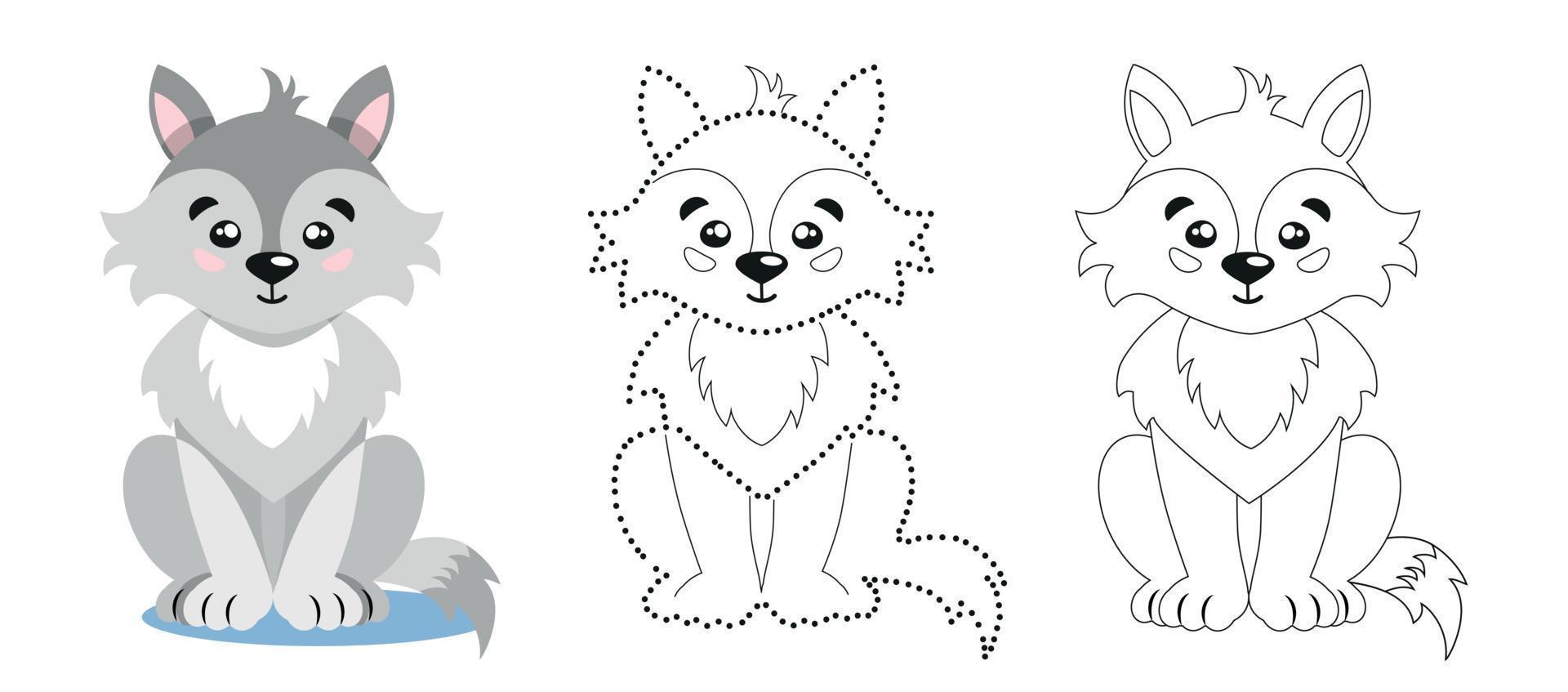Education, Preschool. Card With Wolf, Forest Animal. Connect The Dots, Color The Picture. Learn To Write. A Series Of Animals Of The Arctic And Antarctic. Cute Hand Drawn Animals In Simple Style vector