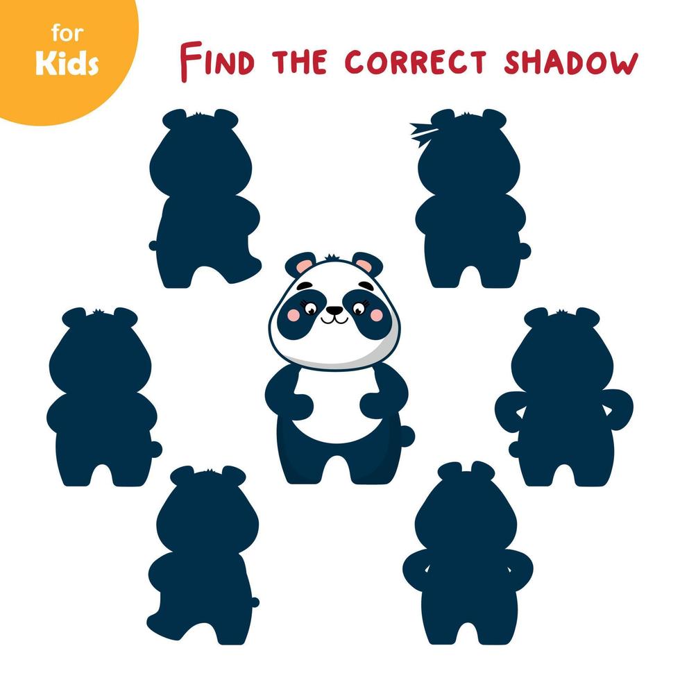 Mini Game For Children. Find The Correct Shadow Of The Cute Panda. Education Of Preschool Children. Series Of Cute Animals. Education, Active Games, Development Of Logic, Thinking For Young Children vector