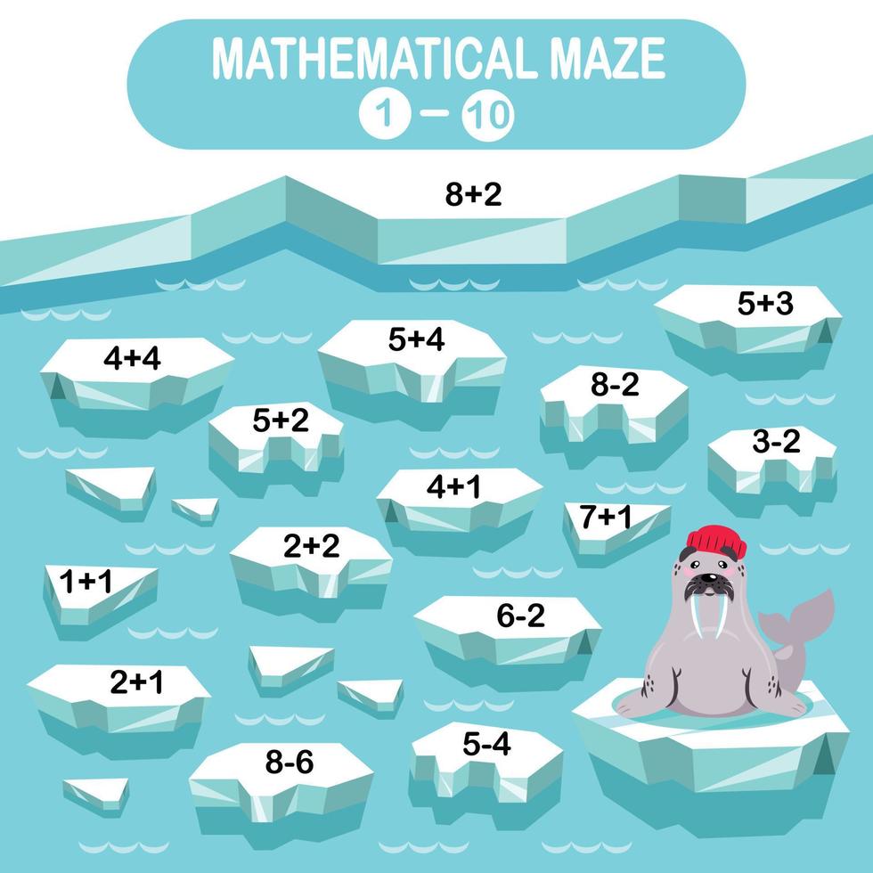 Math Maze For Kids. Winter Collection. Walrus In The Arctic On An Ice Floe vector