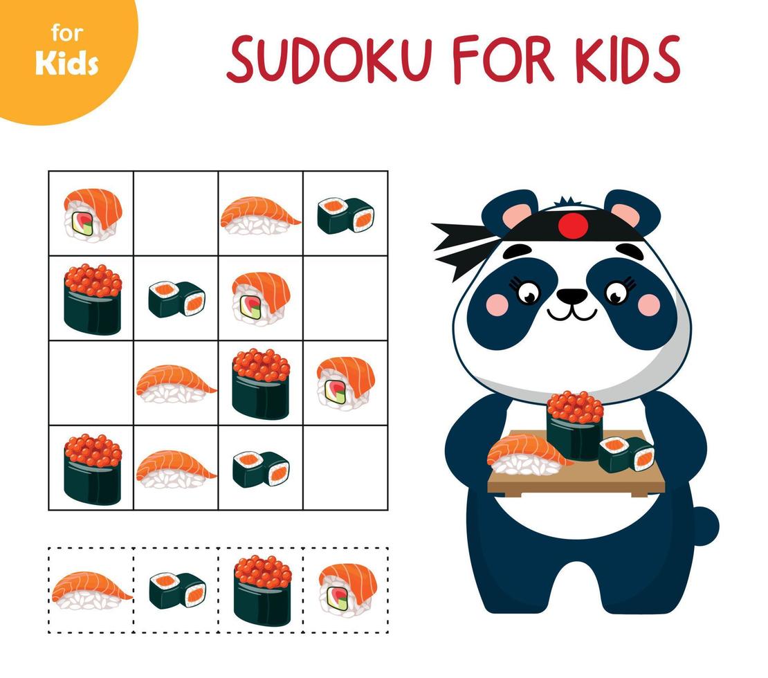 sudoku minijuegos para niños. juego de memoria para niños. lindo panda elige sushi para el almuerzo. conjunto de iconos y elementos de diseño. Serie de comida asiática. tradiciones de diferentes pueblos del mundo. vector