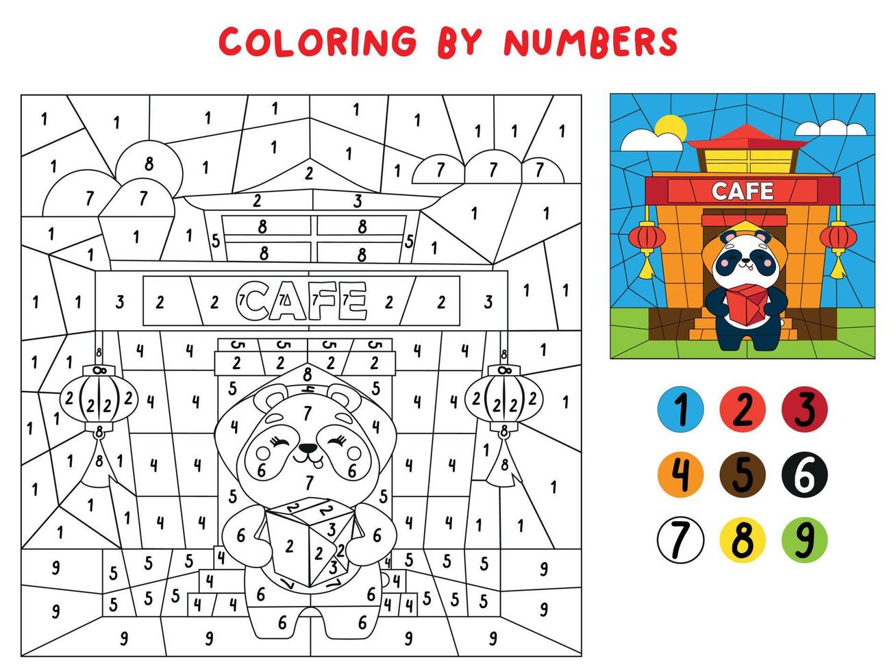 Mini Game For Children. Color The Picture By Numbers. Cute Panda Near The Asian Cafe. Coloring Book For Children. Primary School Age, Education, Entertainment For Children. Educational Program vector